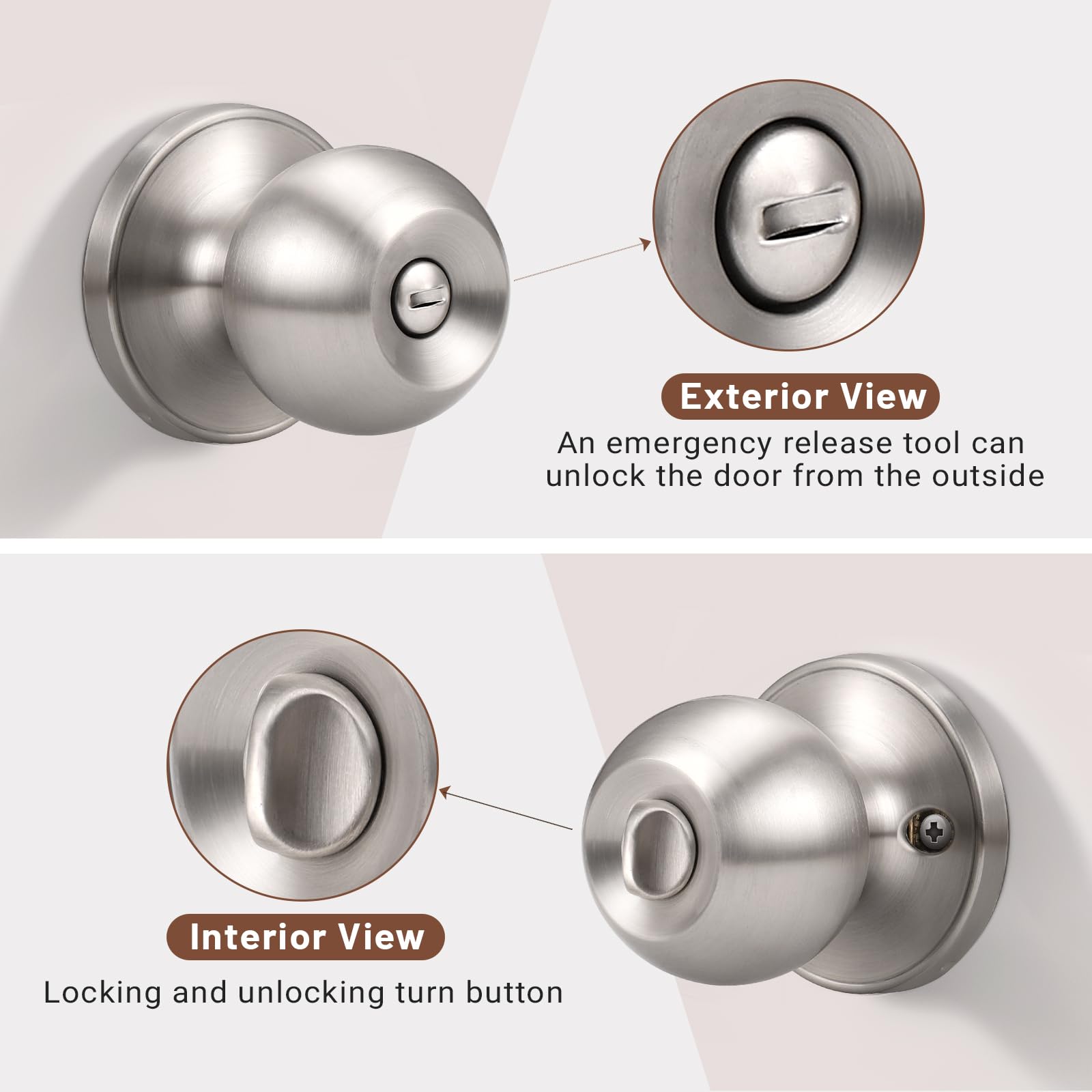 Satin Nickel Door Knobs - 6 Pack Privacy Set -3 Satin Nickel Door Knobs - 6 Pack Privacy Set -3