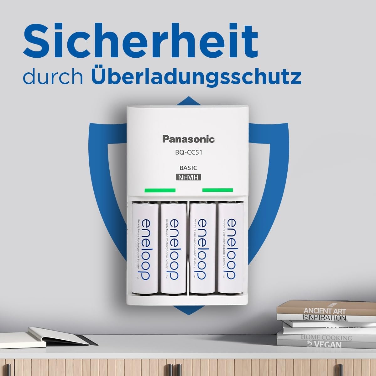 eneloop Basis-Ladegerät für 2 oder 4 AA/AAA NI-MH-Akkus. Mit neuen Sicherheitsfunktionen, 4 eneloop AAA/Micro-Akkus verbesserter Kapazität mit 6 Sicherheitsfunktionen