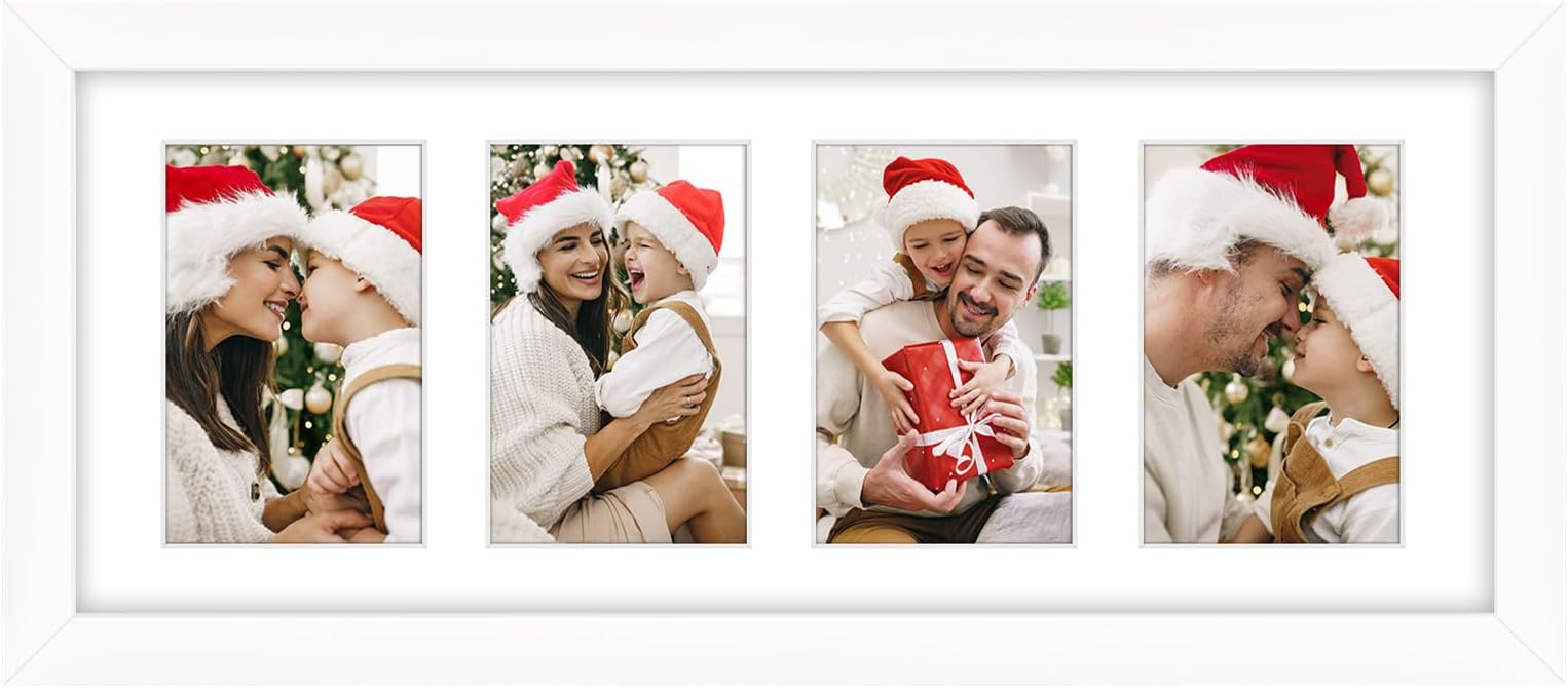 8x20 Picture Frame, White, Collage Frame Display Four 4x6 Photos, Horizontal or Vertical, HD Tempered Glass, Real Wood Molding, Wall Hanging, 1 Pack