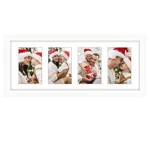 Golden State Art, 8x20 Picture Frame, White, Collage Frame Display Four 4x6 Photos, Horizontal or Vertical, HD Tempered Glass, Real Wood Molding, Wall Hanging, 1 Pack