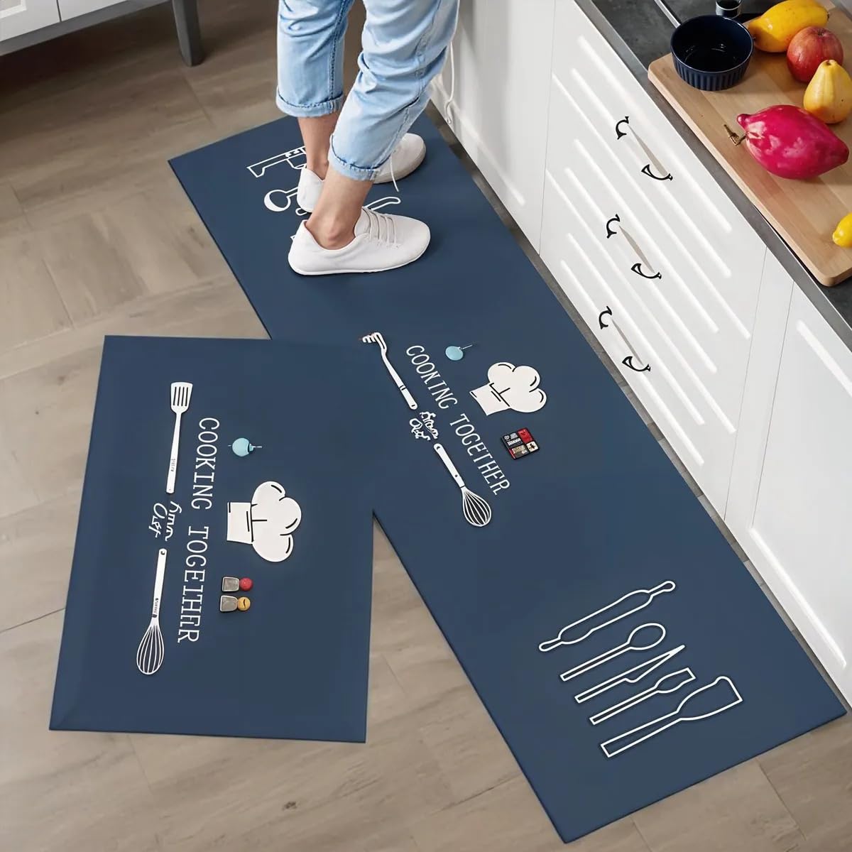 KIMEE Cooking Doodle Design Kitchen Runner Rug Set of 2(120*40 cm and 60*40 cm), Water Absorbent KItchen Mat Set with Cooking Together Theme, Washable Floor Mats with Non-Slip Backing for Kitchen-picture-26