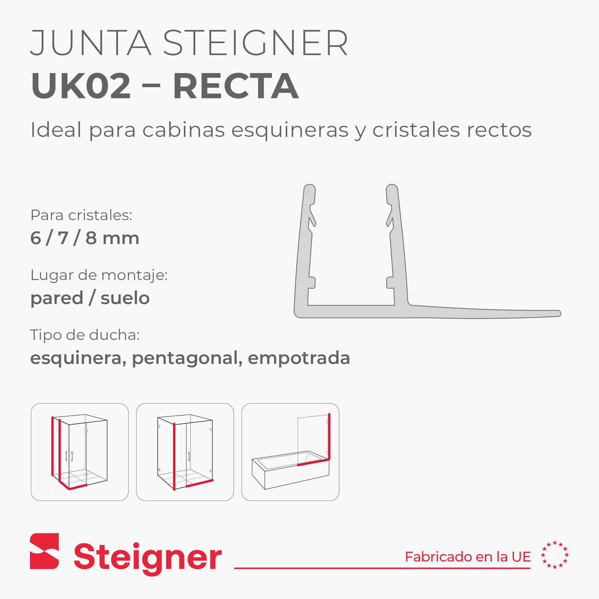 STEIGNER Junta mampara ducha UK02 200 cm (1 ud.) transparente - Junta vertical para ducha angular o pentagonal con puerta 6-8 mm - Ajuste perfecto, Impermeable, Fácil instalación, Acabado discreto