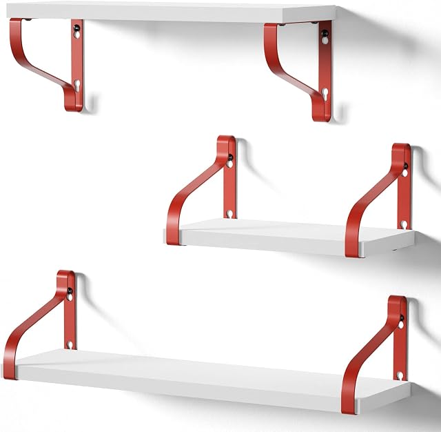 Love-KANKEI Rustic Shelves, Decorative Wall Shelf Set of 3, Floating Shelves for Bathroom, Bedroom, Living Room,Kitchen, Office and More, White and Red