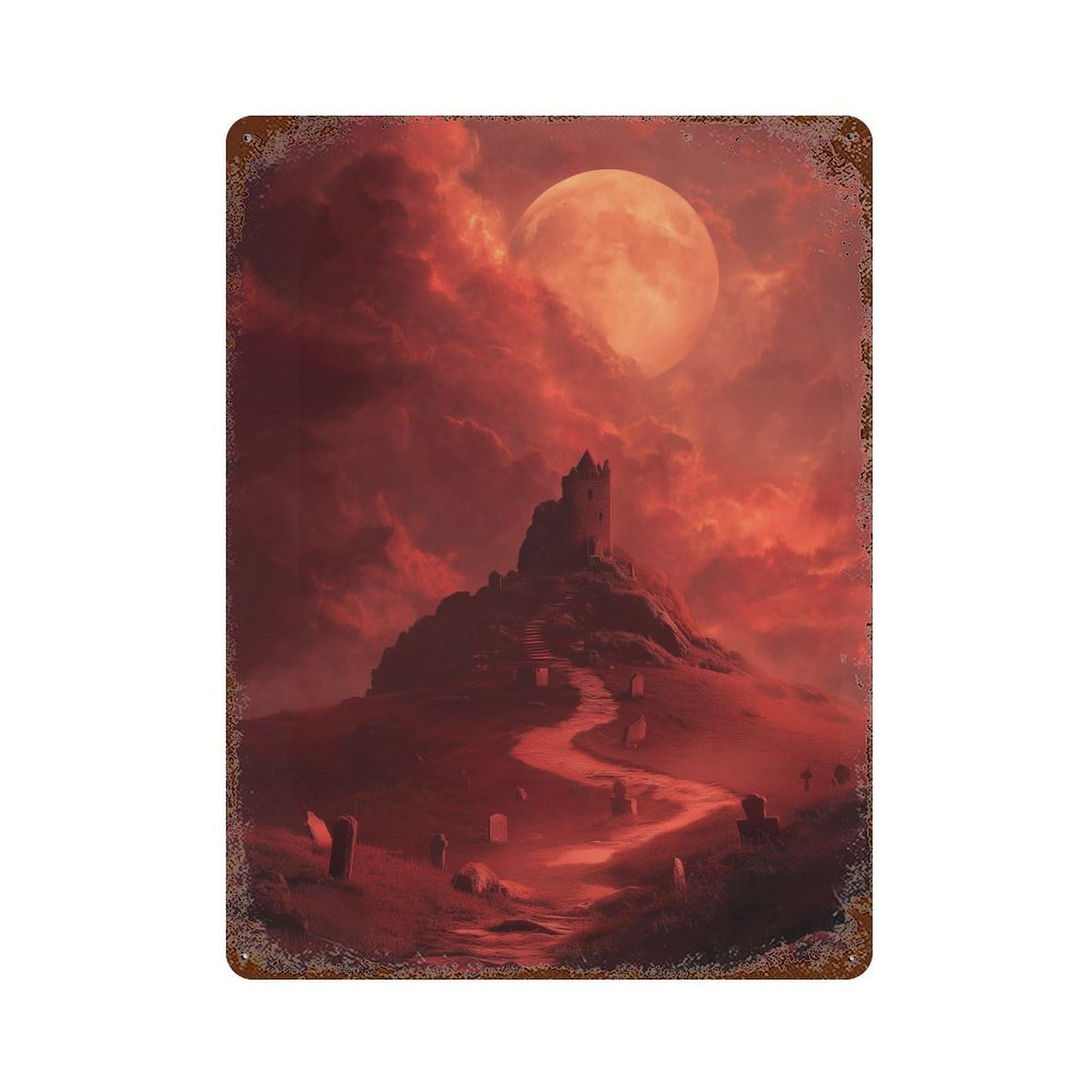 Haunting Cemetery Under Full Moon Rust Effect Tin Sign 15.7"x11.8", Vintage Wall Decor for Bistro, Counter And Cafe Decor