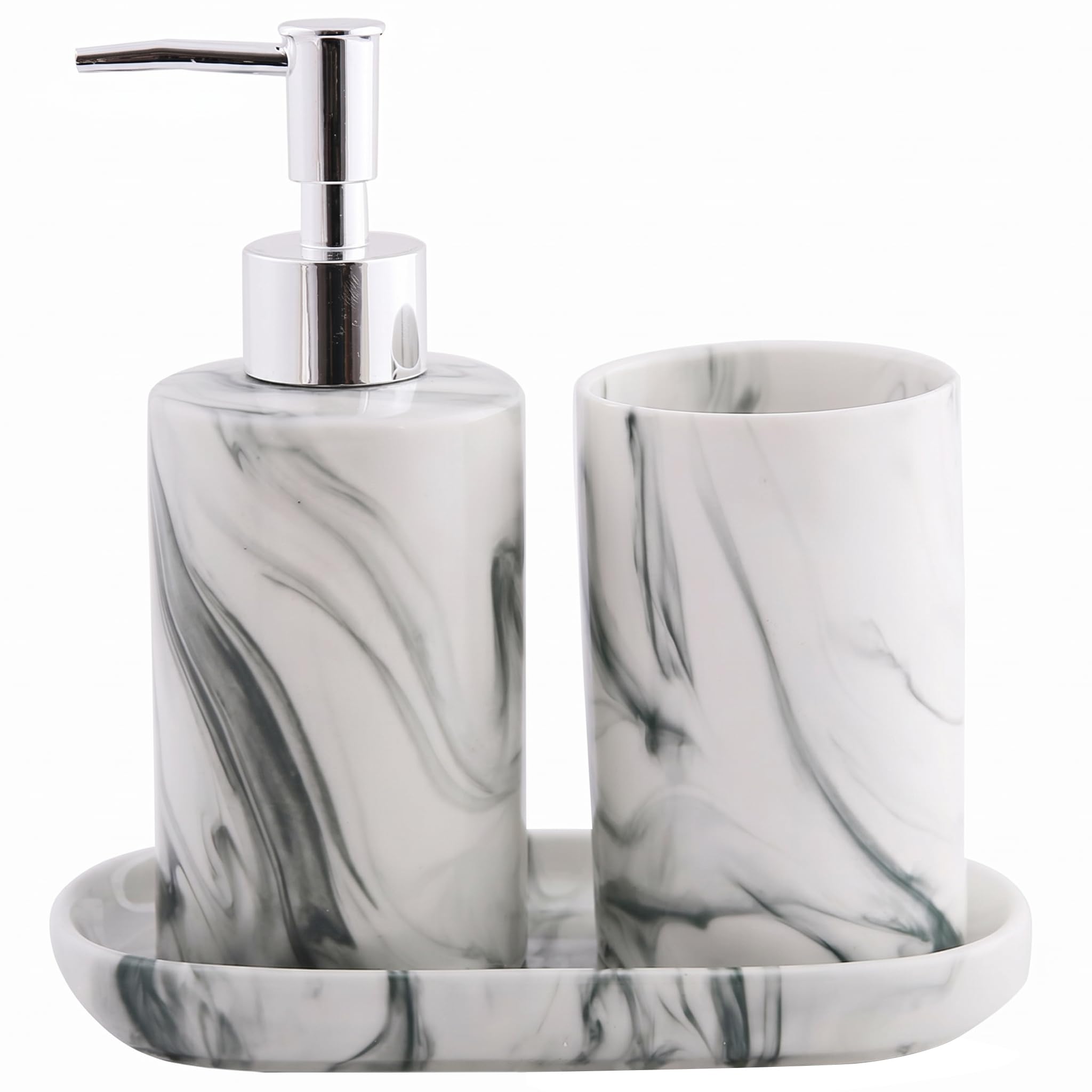 3 Piece Soap And Toothbrush Holder Set - Nordic Luxury Ceramic Marble Bathroom Set, Toothbrush Tumbler & Soap Dish Holder | Gray-green ;1