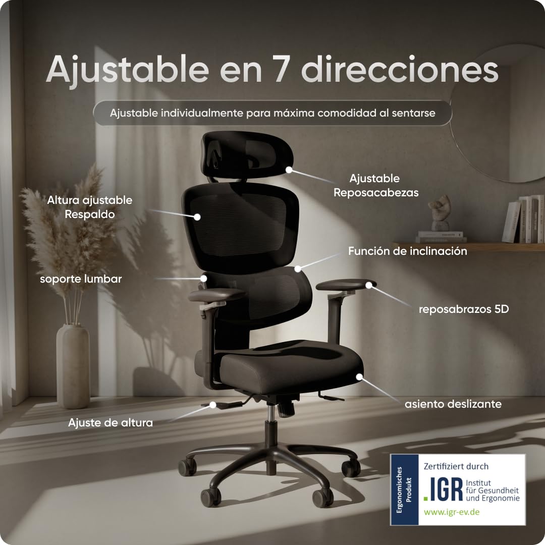 Move Pro Silla de Oficina Ergonómica – Soporte Lumbar Ajustable, Respaldo Reclinable en 3 Posiciones, Asiento Ajustable en Altura, Tejido Transpirable, Silla de Escritorio Ergonómica hasta 150 kg
