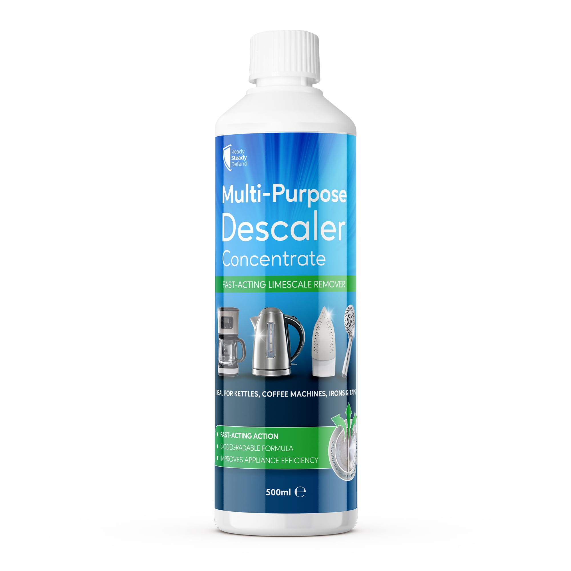 Multi Purpose Descaler Concentrate 500ml Fast Acting Limescale Remover for Kettles Coffee Machines Irons and Taps Biodegradable Formula Removes Hard Water Scale Improves Appliance Efficiency