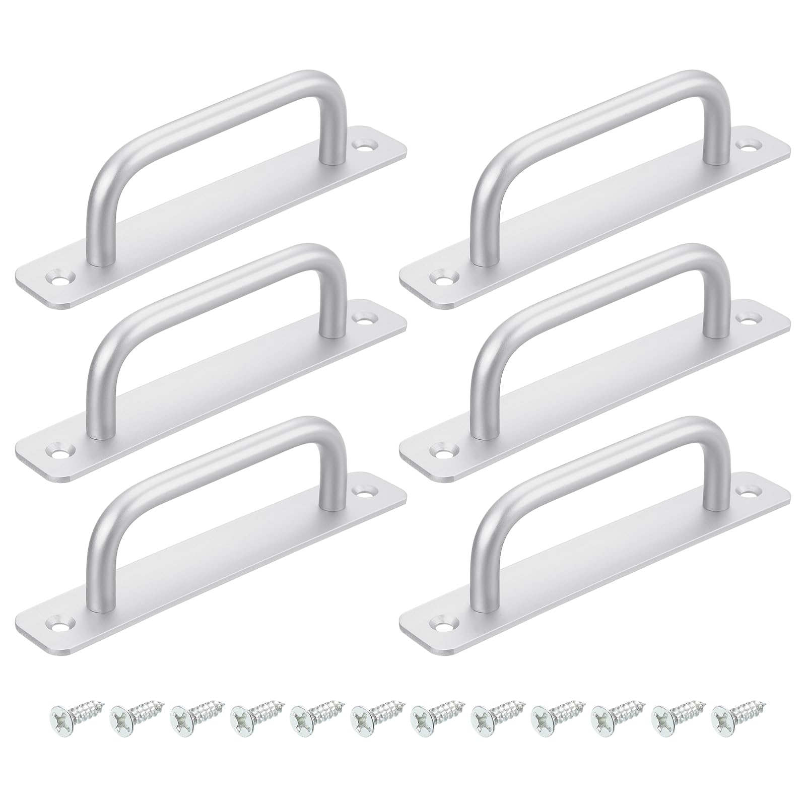 uxcell 6Pcs Barn Door Handles, 128mm / 5 Inch Hole Center Sliding Gate Door Pull Handle Aluminum Alloy Cabinet Handles with Base and Screws for Kitchen Bathroom Wardrobe Closet (Silver)