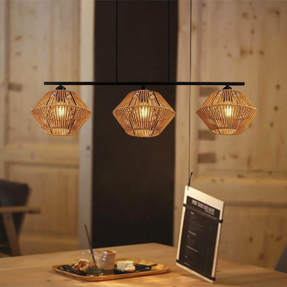 Rattanowa Lampa Wisząca Vintage Boho Lampa Sufitowa 3 Płomienie E27 Lampa Stołowa Do Jadalni Pleciony Abażur Rustykalna Żyrandol Do Jadalni Kuchnia Sypialnia Salon Przedpokój