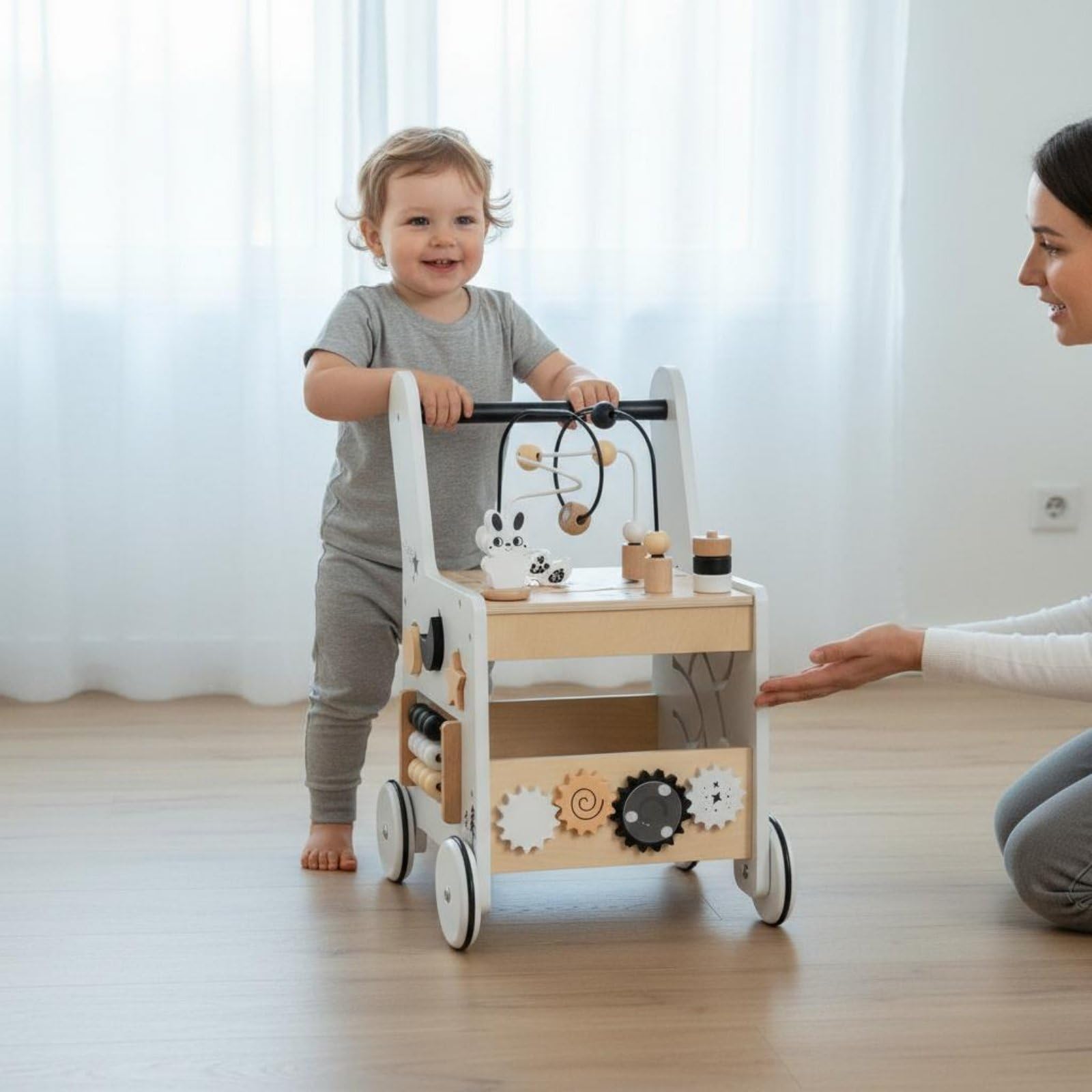 Lernwagen Kinder Lauflernwagen Aktivitätswagen Spielwagen Holz Lernspielzeug Motorikbrett mit Griff Stabile Räder Formensortierer Texturen Förderung