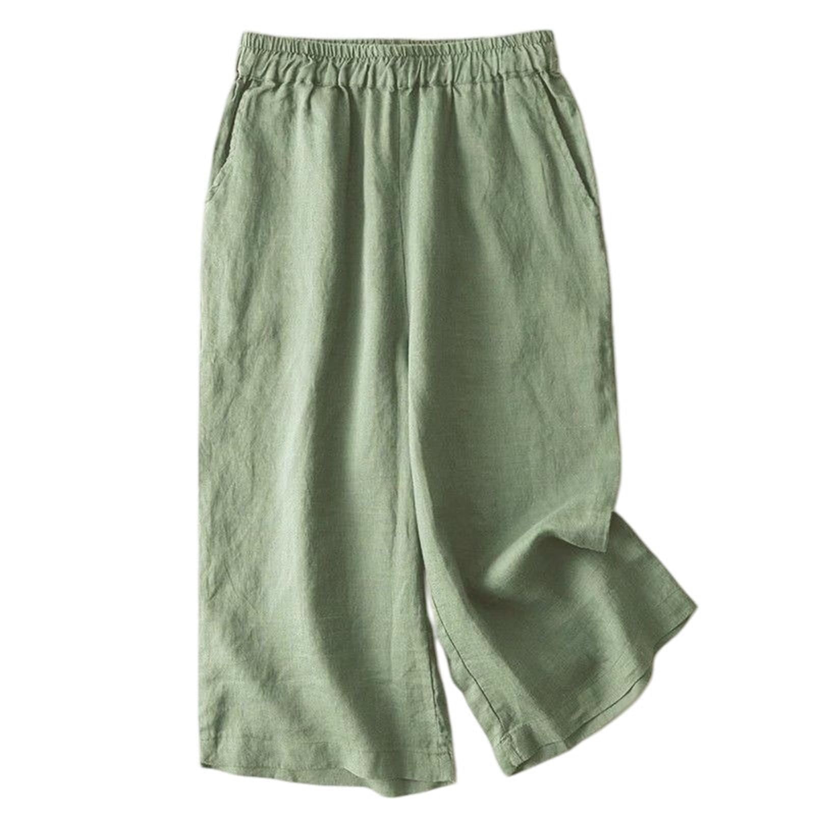 Pantalones capri de lino y algodón liso de verano para mujer