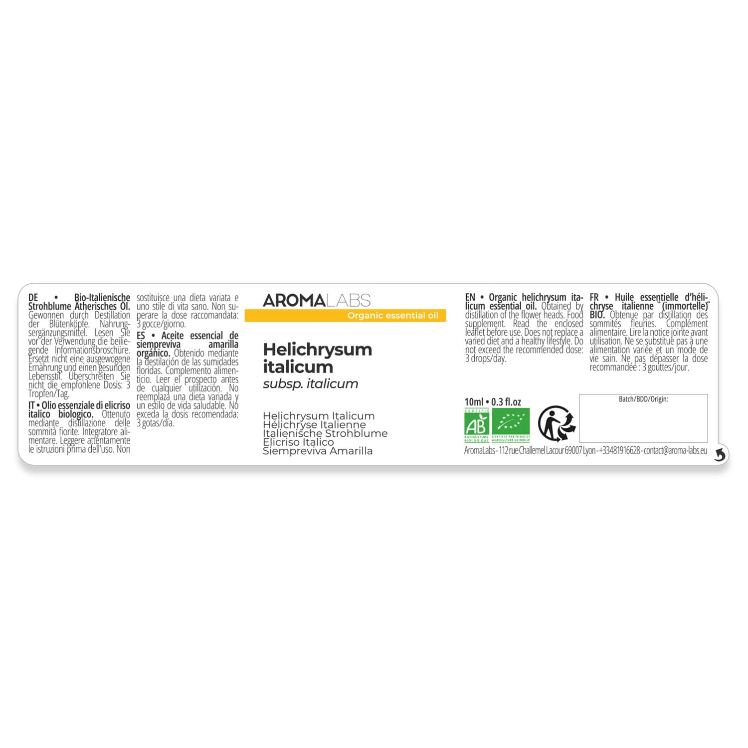 Hélichryse Italienne BIO (Helichrysum italicum - subsp. italicum) - 10 mL - Huile Essentielle Chémotypée et Certifiée AB - Aroma Labs - Made in France
