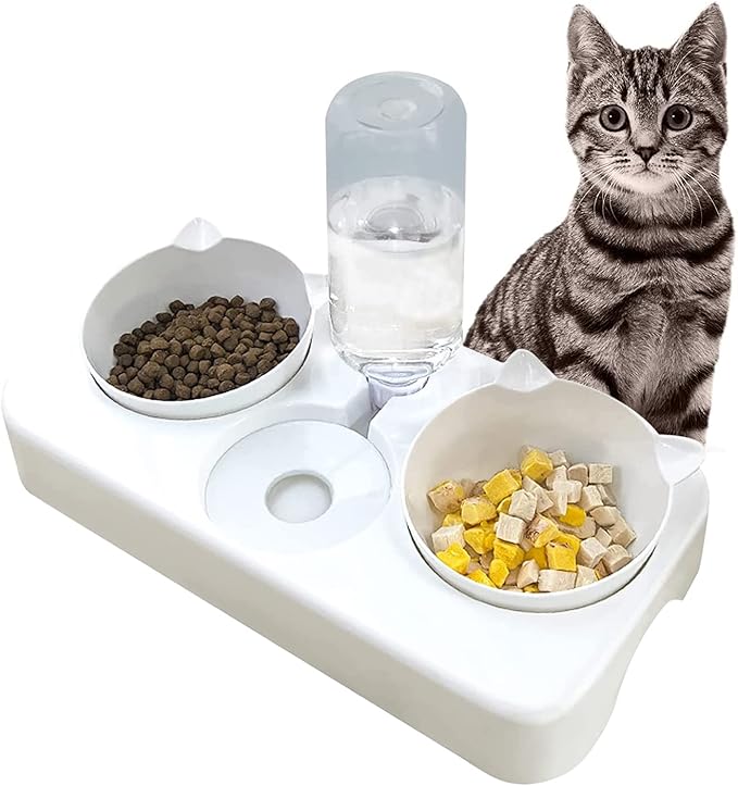 3 In 1 Fressnäpfe Für Katzen - Mit Wasserspender & Erhöhtem Stand | Anti-Schling-Doppelfressnapf | Für Trocken- & Nassfutter