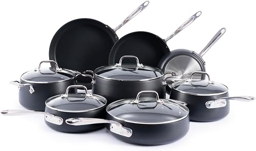 HA1 Expert Hard Anodized Nonstick Cookware Set (13 Piece) Pots, Frying Pans, Dishwasher-Safe, Oven-Safe Up to 500°F Compatible with All Stovetops (Gas, Electric & Induction) - Black