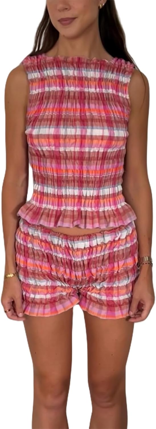 Miqil Women Y2k 2 Piece Smocked Loungwear Cute Sleeveless Tiered Ruched Tank Top Low Rise Shorts Set Fairycore Going Out Set