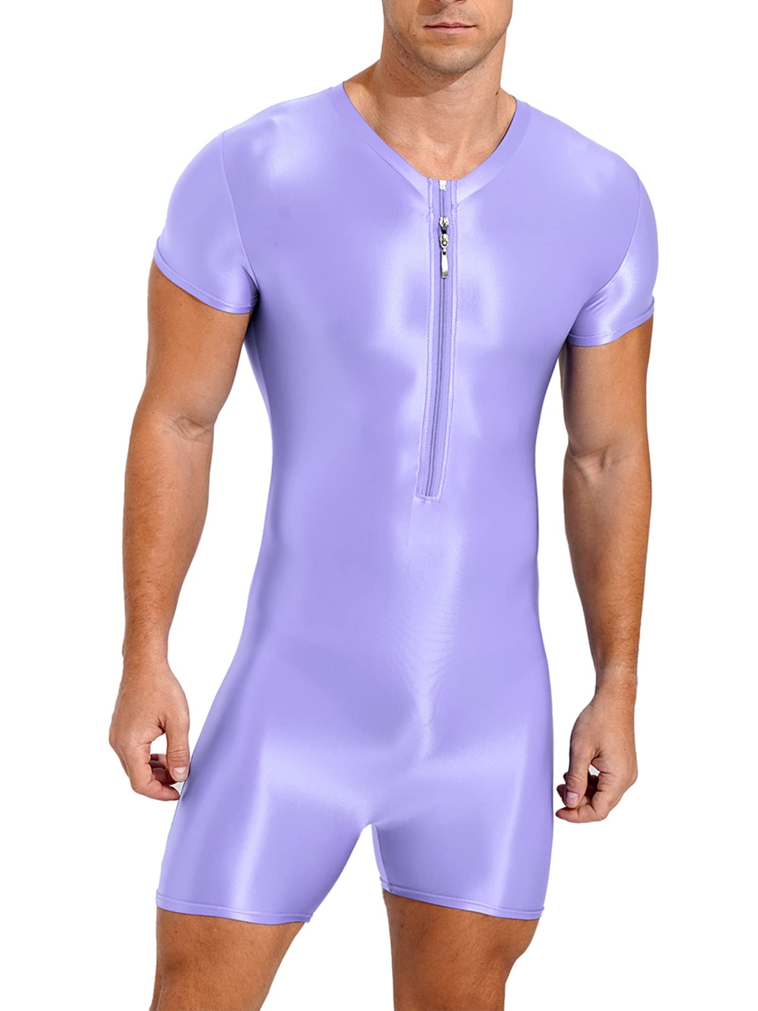 CHICTRY Men's One-Piece Short Sleeve Workout Bodysuit Zipper Front Leotard Wrestling Singlet Unitard Light Purple XL