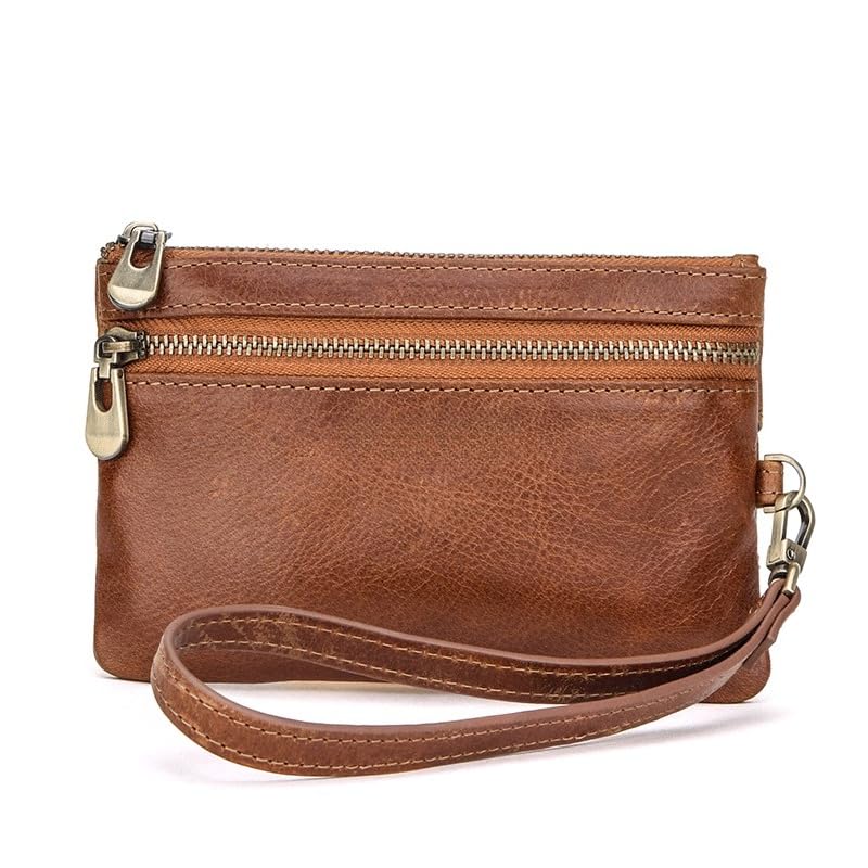 Unisex genuine leather wallet, multifunctional 2-in-1 keyring with wrist strap, fashionable handheld storage bag (Brown)