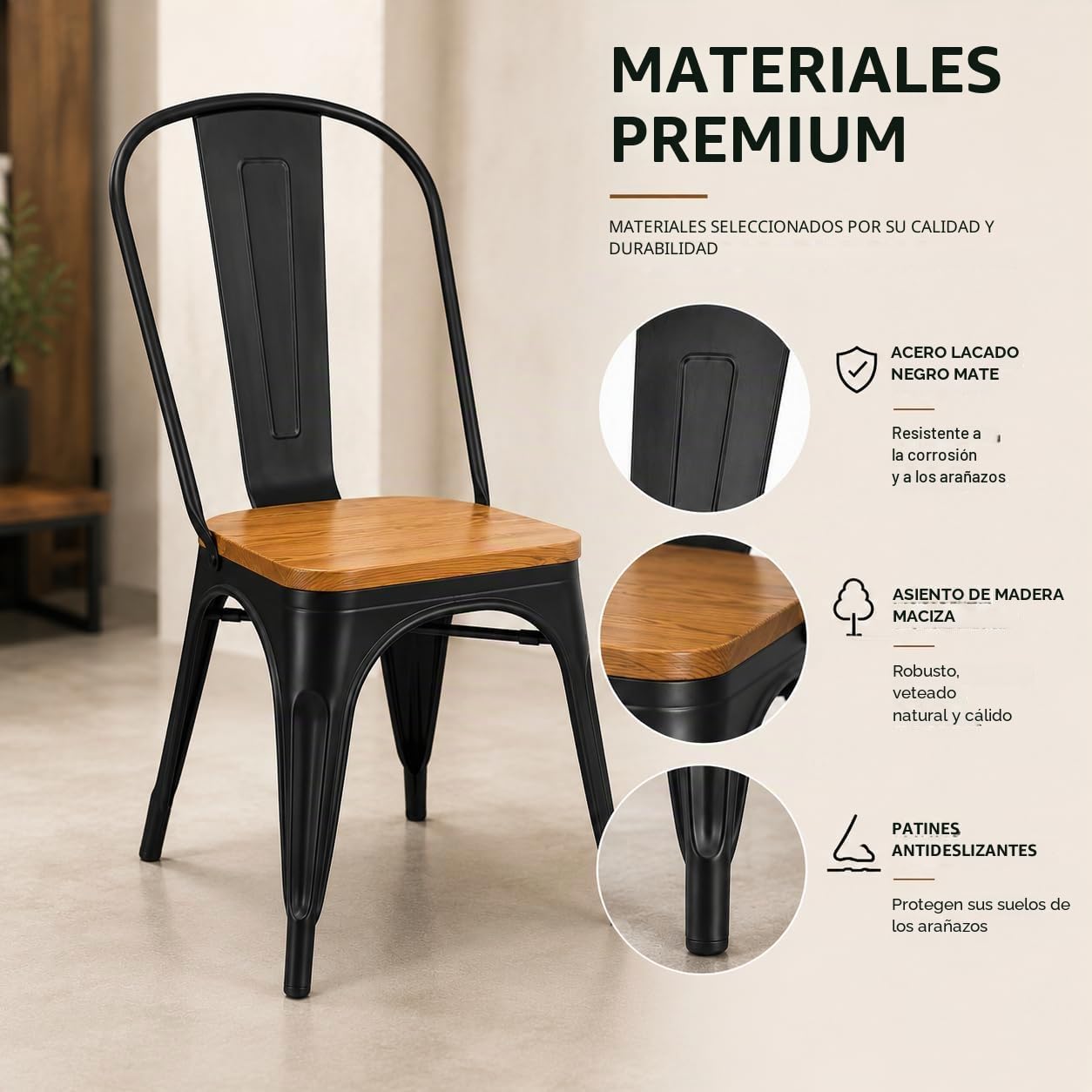 Kosmi - Juego de 4 sillas de Metal Negro y Madera Clara Asiento de fábrica de Estilo Industrial de Metal Negro Mate y Madera Clara