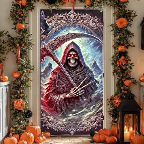 Image of BlissYard Door Cover Grim Reaper 35x71 Inch Polyester | Door Banner, Wall Decor | Grim Reaper Entry Accent, Gothic Scene Backdrop | Porch, Hallway, Party (Gothic Art)