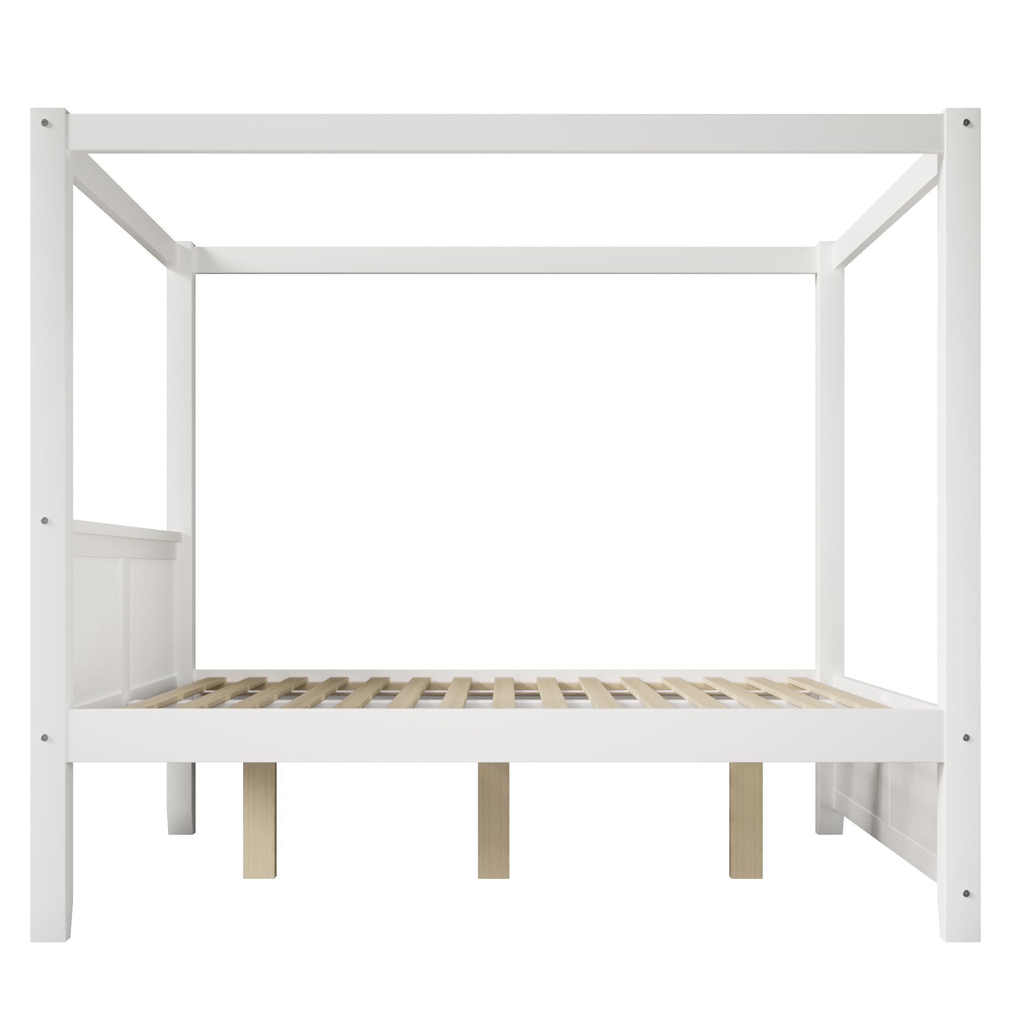 Himmelbett 140x200 cm aus Holz mit dekorativem Dachrahmen und vertikalen Lamellen am Kopf- und Fußteil, Weiß