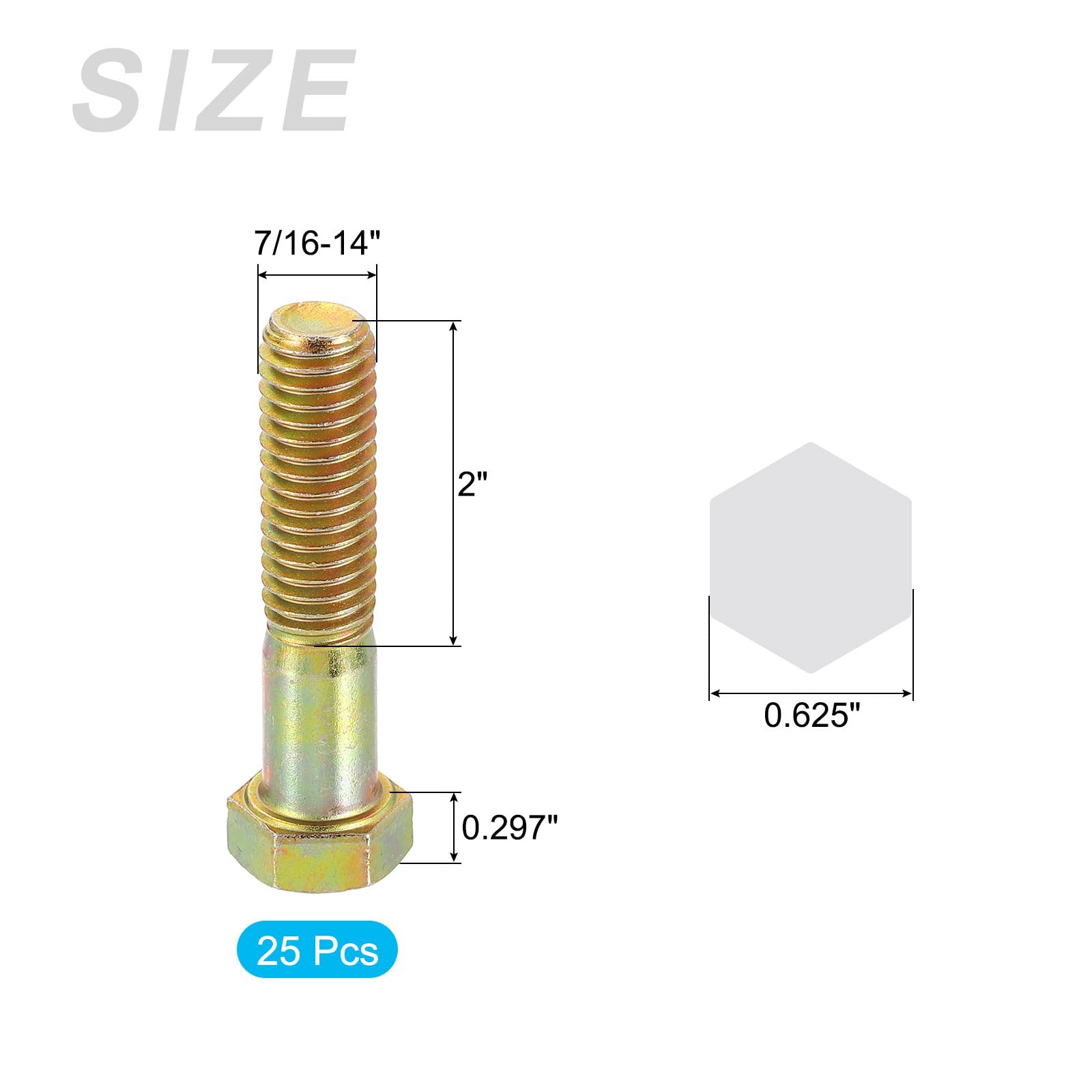 METALLIXITY Hex Bolts (7/16-14 x 2") 25Pcs, 8 Grade Carbon Steel Zinc Plated, UNC Coarse Thread, External Hex Drive - Image 2