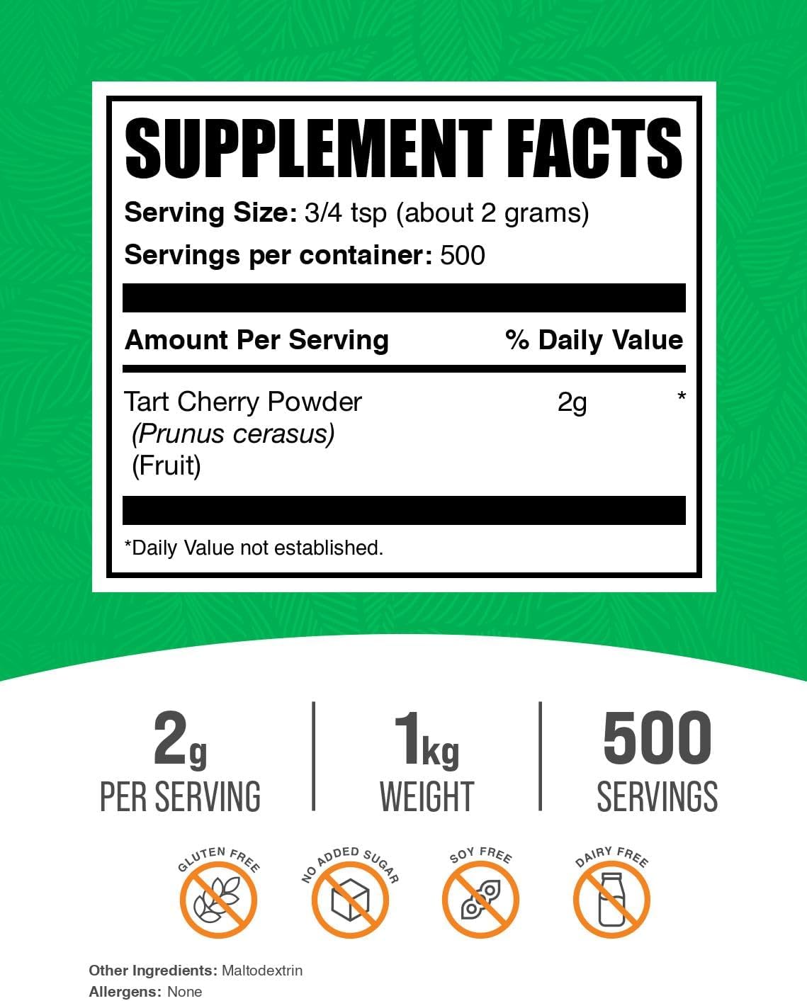BulkSupplements.com Tart Cherry Powder - Fruit Powder, Tart Cherry Supplements - Antioxidant Source, Gluten Free & No Added Sugar, 2g per Serving, 1kg (2.2 lbs) (Pack of 1)