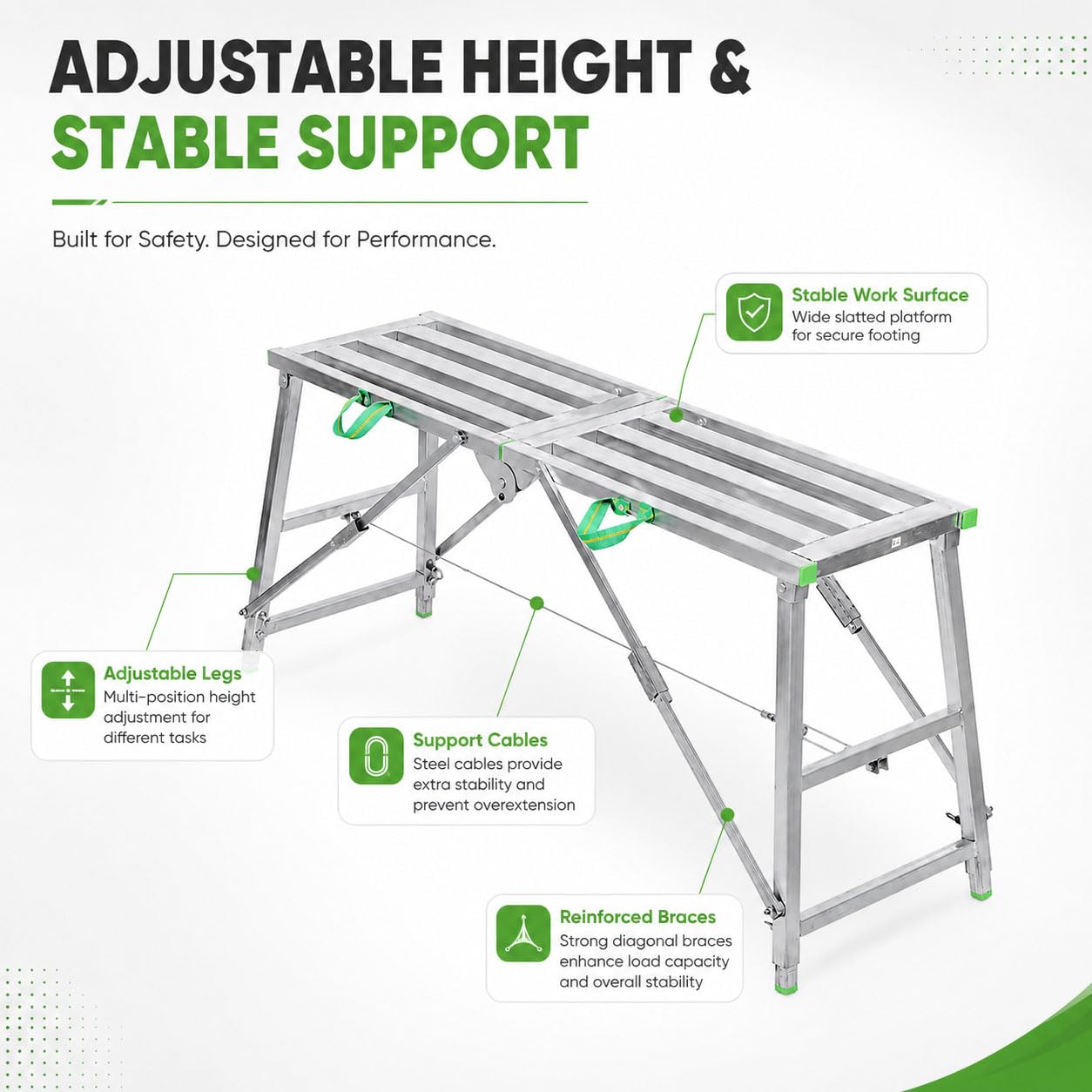 Plataforma de Trabajo Plegable y Ajustable en Altura, Andamio Portátil de Acero Galvanizado con Pies Antideslizantes, Cables de Refuerzo y Asa, Aprox. 400 kg,140x30cm