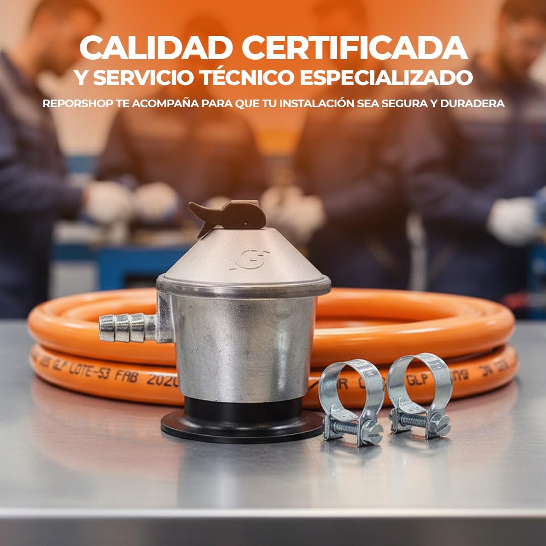 REPORSHOP - Kit Completo para Instalaciones de Gas Butano y Propano - Regulador de Gas con Caudal 2,5 kg/h - Tubo Manguera Butano 1,5 mt Diámetro 9-15 mm - 2 Abrazaderas