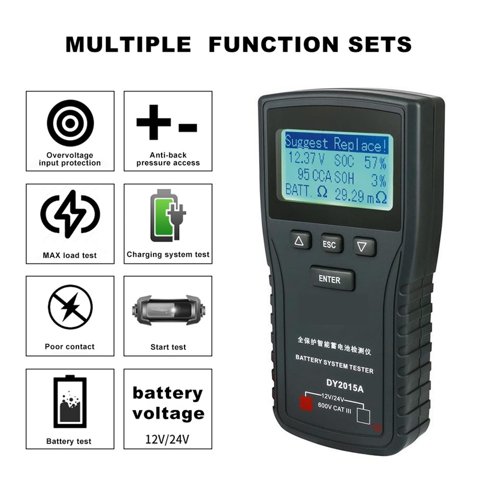 EDEDE Tester Batteria DY2015A 12V. Strumenti multimetri digitali acidi di Piombo Cca. Carica la Batteria della Carica della Batteria Testo della Batteria for Il Motociclo dei Camion dei Veicoli