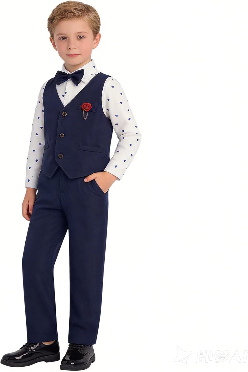 IBTOM CASTLE Boys 5-Piece Formal Suit Set, Formal Dress Shirt + Vest + Bow Tie + Boutonniere + Pants