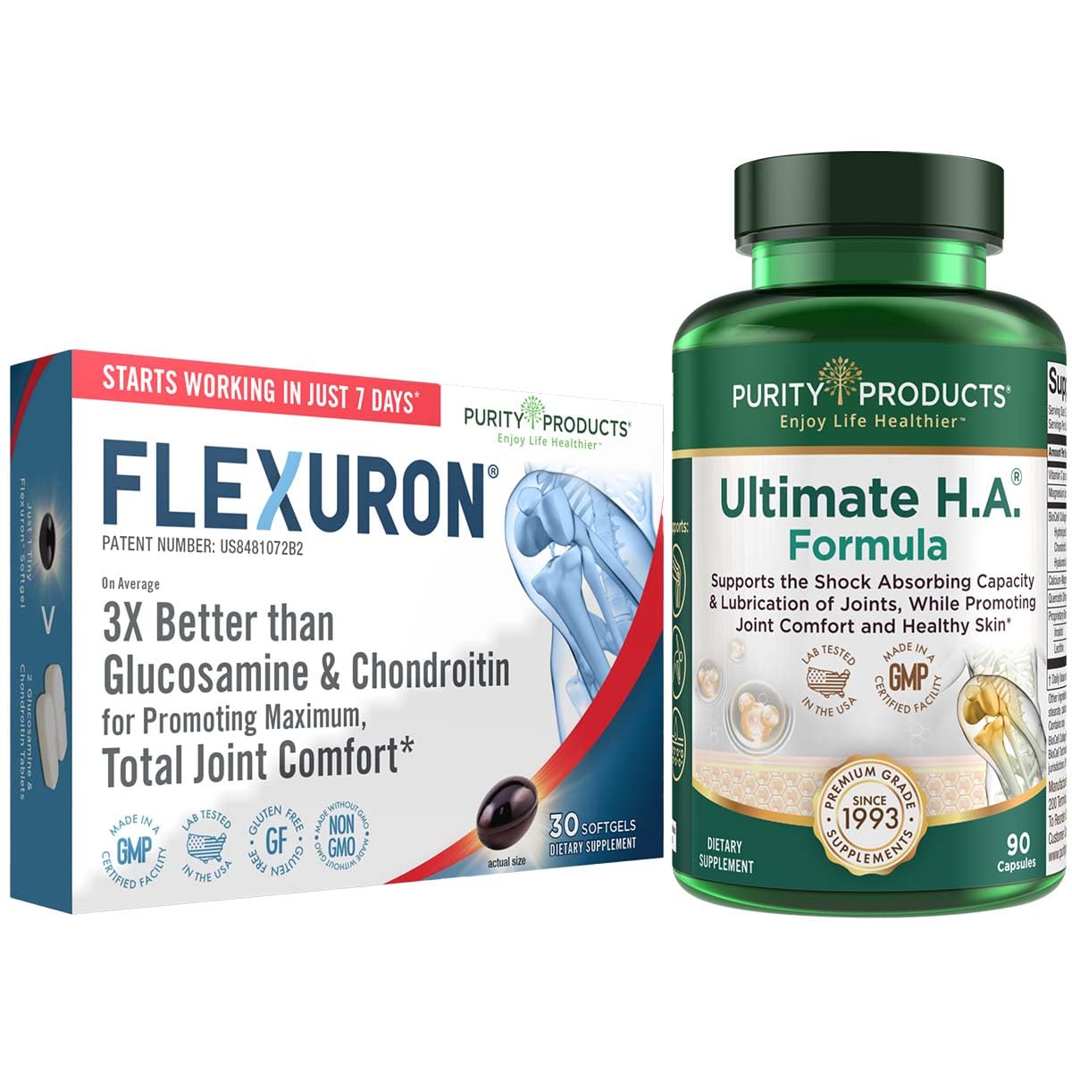 Purity Products Flexuron Joint Formula + Ultimate HA Flexuron (Krill Oil, Low Molecular Weight Hyaluronic Acid, Astaxanthin) - Ultimate H.A. (BioCell Collagen, Quercetin, Hyaluronic Acid + More)