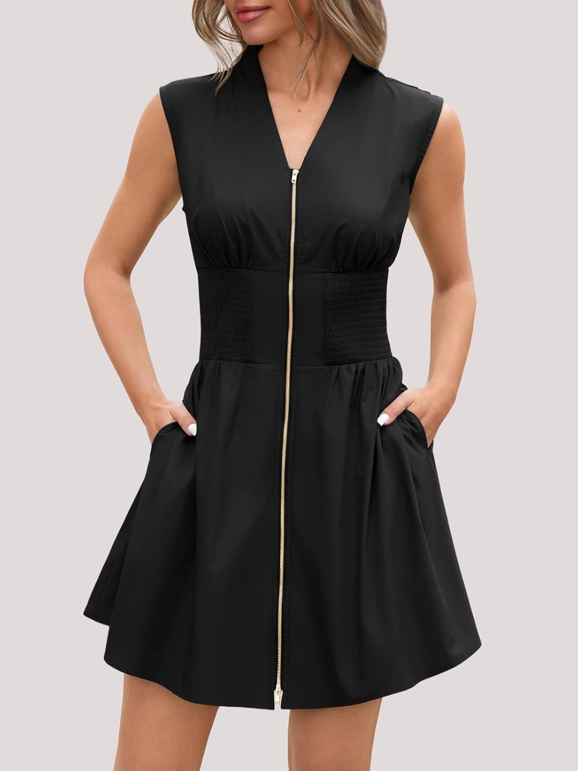 Fisoew Women's Sleeveless Casual Zip Dress Front V Neck Utility Summer Tank Mini Dresses with Pockets