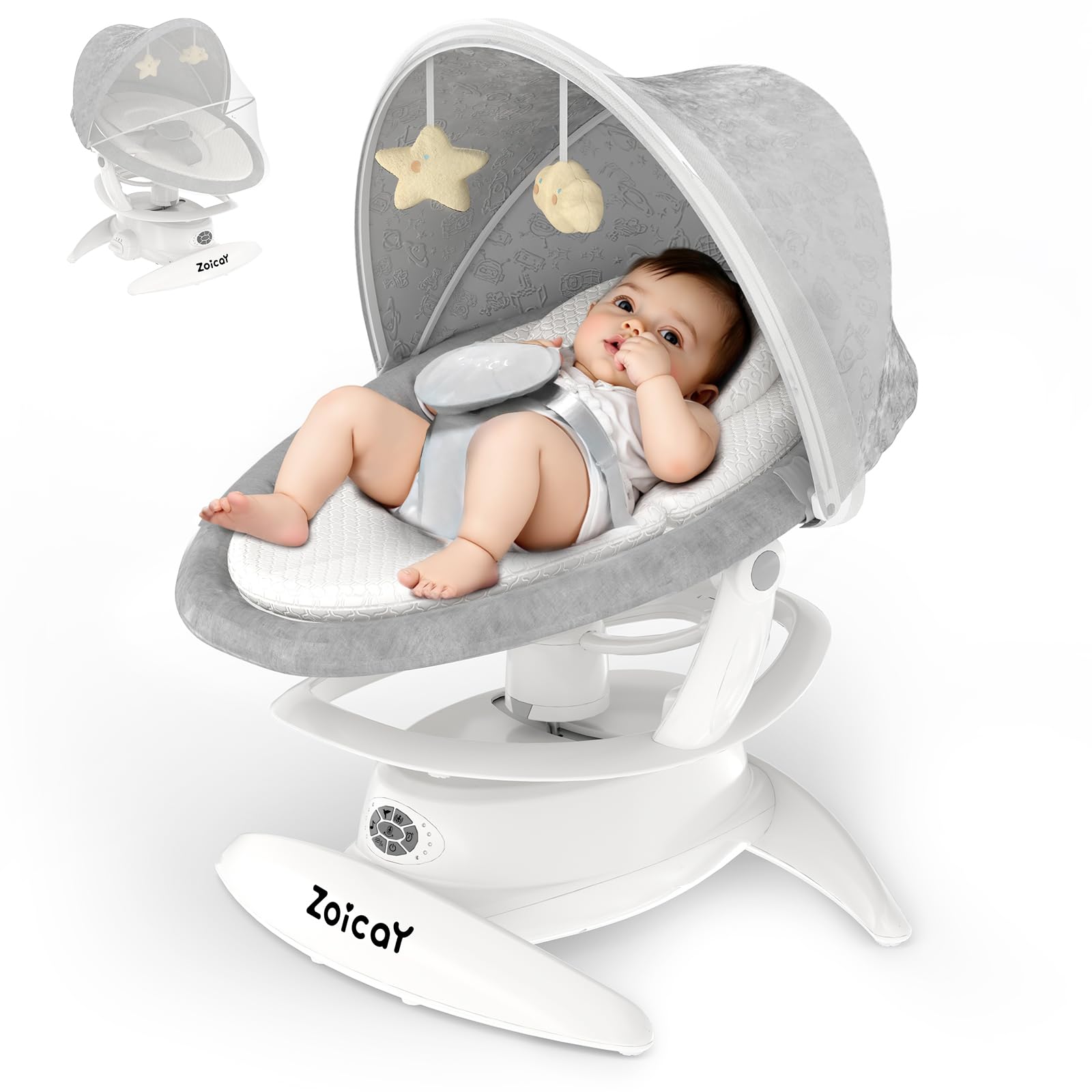 Columpio para bebés 3 en 1 con detección de movimiento, columpio eléctrico para bebés con 3 modos de balanceo, 12 canciones de cuna, 5 velocidades, asiento de columpio extraíble, Bluetooth habilitado, asiento giratorio de 360 ​​grados y control remoto manual, color blanco