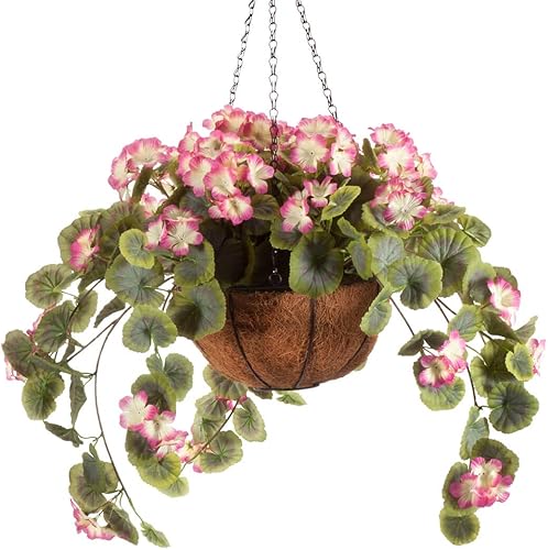 Miniatura 8 de OakRidge Miles Kimball - Cesta colgante de geranio artificial totalmente montada, 10 pulgadas de diámetro y cadena de 18 pulgadas, flores amarillas