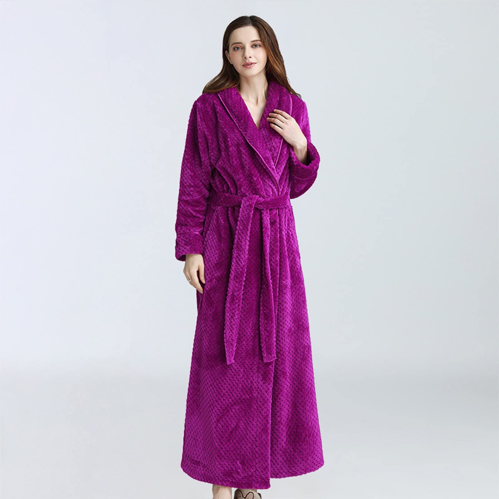 Pigiama da donna, lungo, morbido, a maniche lunghe, in pile, da notte, in cotone, oversize, invernale, morbido, pigiama intero con cintura