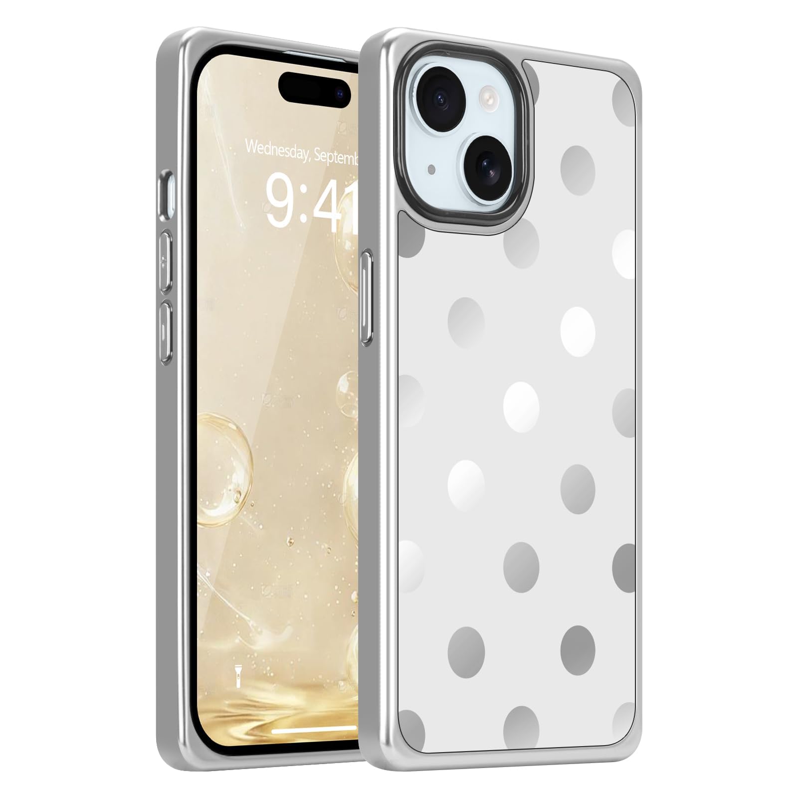 LCHULLE Funda para iPhone 15 con bonito diseño de lunares retro de espejo estético para mujeres y niñas con borde rectangular chapado en plata de lujo, delgada, simple y suave, a prueba de golpes