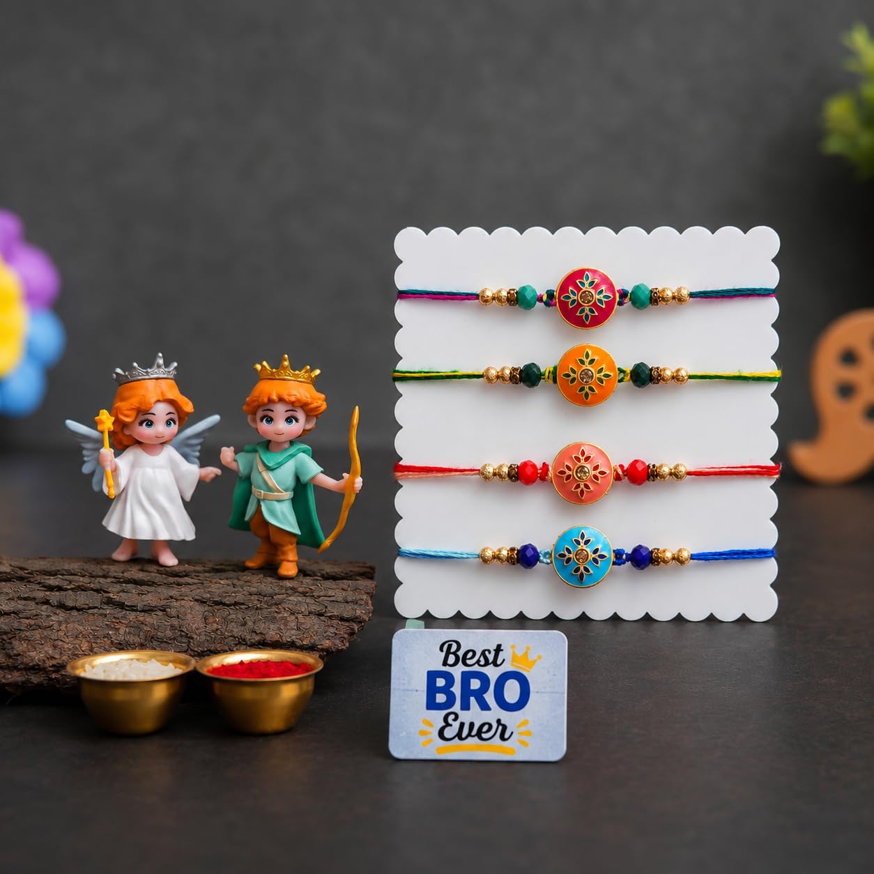 ecraftindia Designer Rakhi Gift Set for Brother | Set of 4 Floral Stone Rakhis with Best Bro Ever Fridge Magnet, Roli Chawal | Traditional Raksha Bandhan Rakhi Combo for Bhai