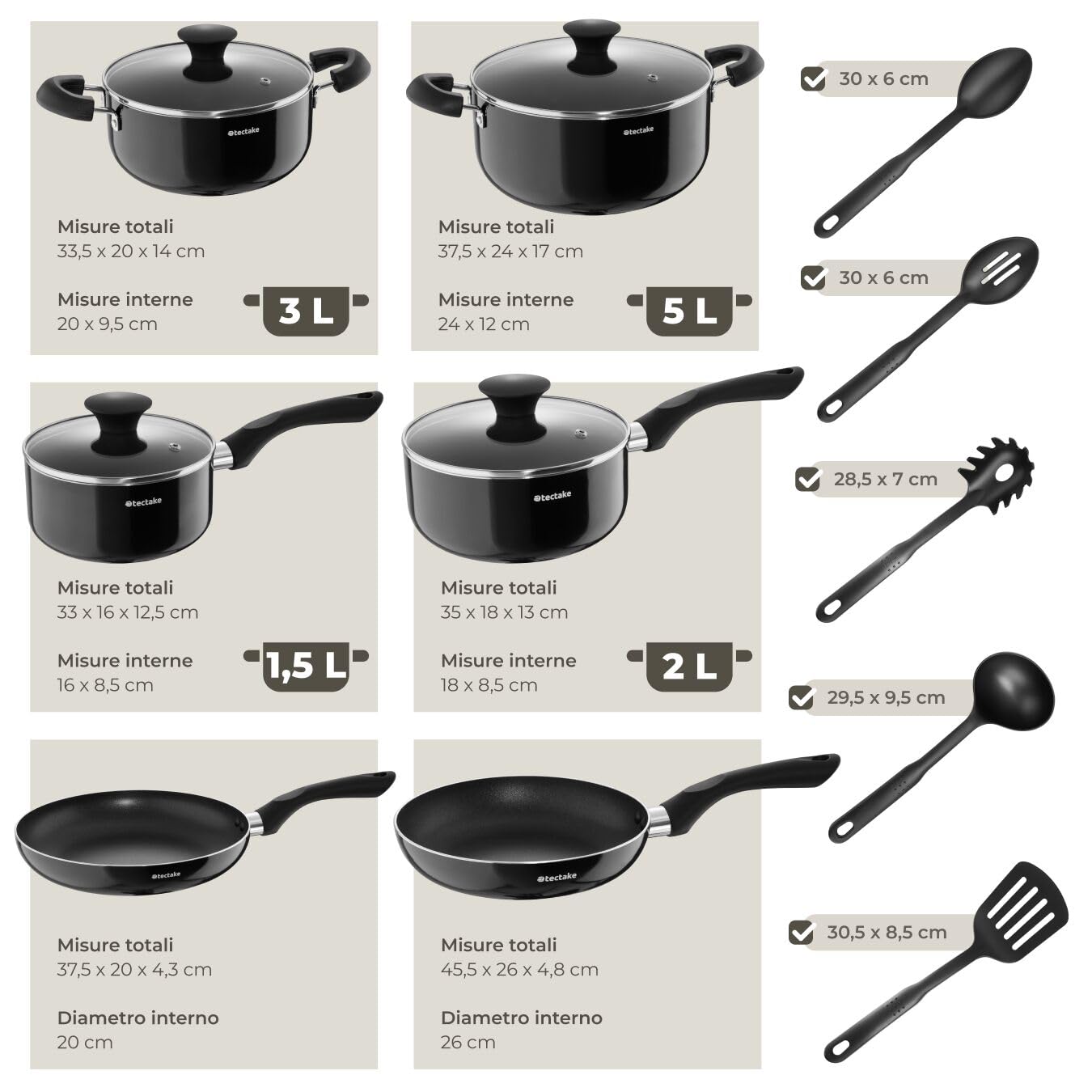 tectake®, Set cucina completo, 45 pezzi, set servizio piatti per 6 persone, per microonde, moderni, 6 ciotole, tazze, 18 piatti eleganti, 2 pentole, casseruole, padelle antiaderenti, coperchi - Nero