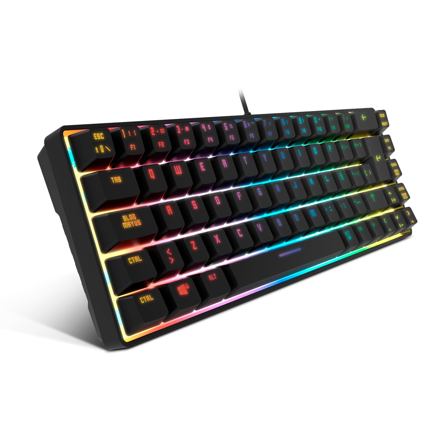 KROM Kalista - Teclado Gaming de Membrana RGB Rainbow, Formato 62%, Modo Gaming, N-19 Anti-ghosting, Windows | Mac, Layout español, Negro