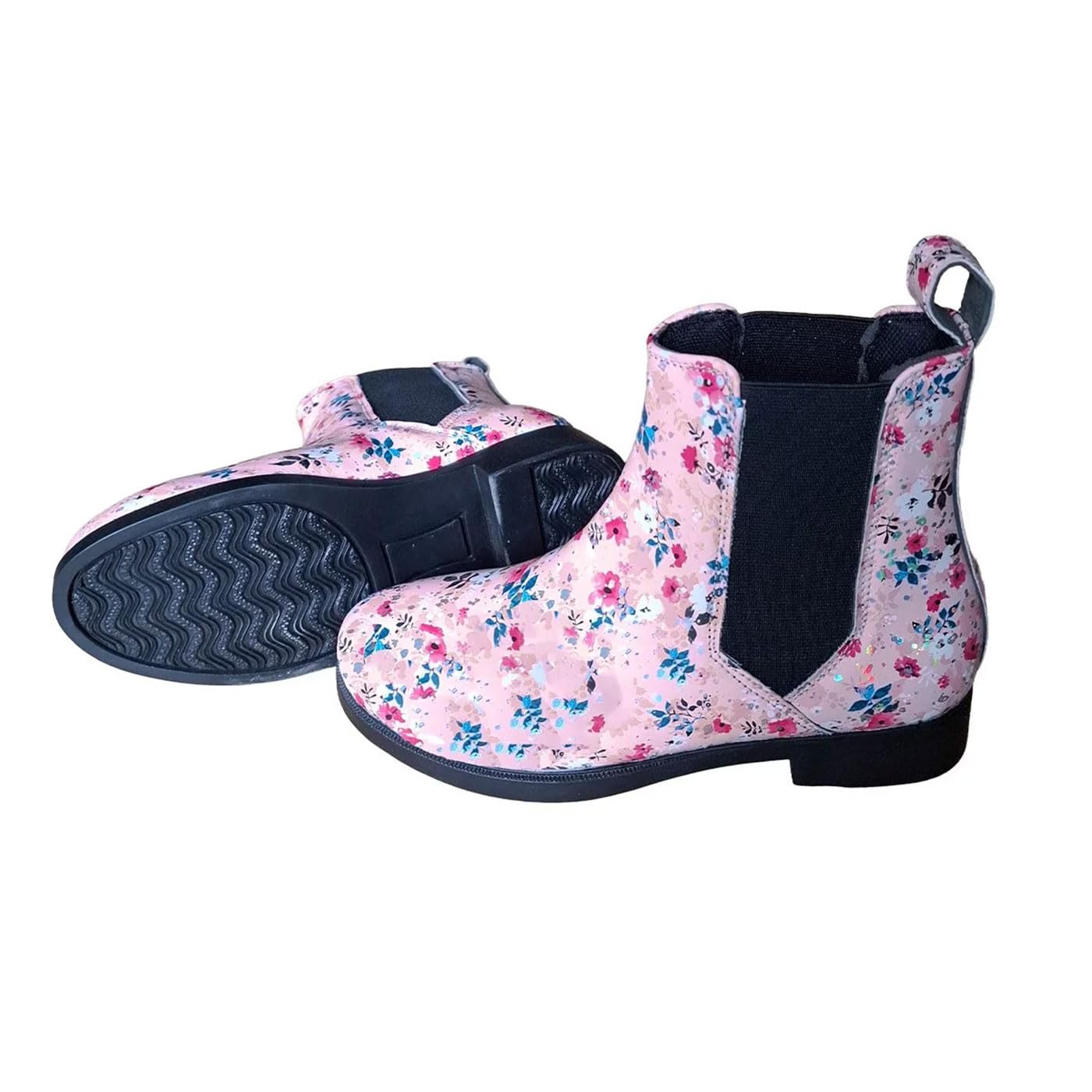 Brama West Kinder Shettysattel Set „My Happy Pony“ mit passenden Kinder-Reitstiefeln | Holzpferdsattel inkl. Satteldecke, Gurt & Steigbügel | Rosa Blumenmuster (SattelFlower/Decke Schwarz, 32)