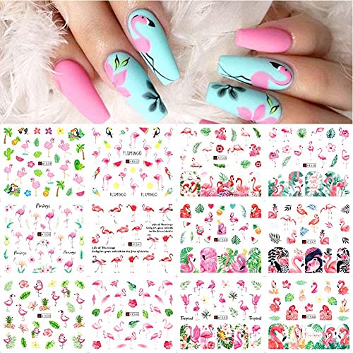 Flamingo Nail Art Stickers Decals Nail Supplies 12 Designs Colorful Flower Leaves Water Transfer Stickers Nail Sliders Foil Cartoon Decal for Women Girls Nail Art Manicure Decoration Accessories