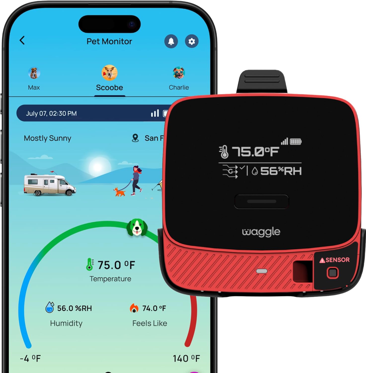Waggle RV Pet Temperature Monitor with GPS & AQI - 4G Cellular, No WiFi Required - Real-Time App, SMS & Email Power Outage Alerts - Home, Car, RV & Vacation Safety - Subscription Required