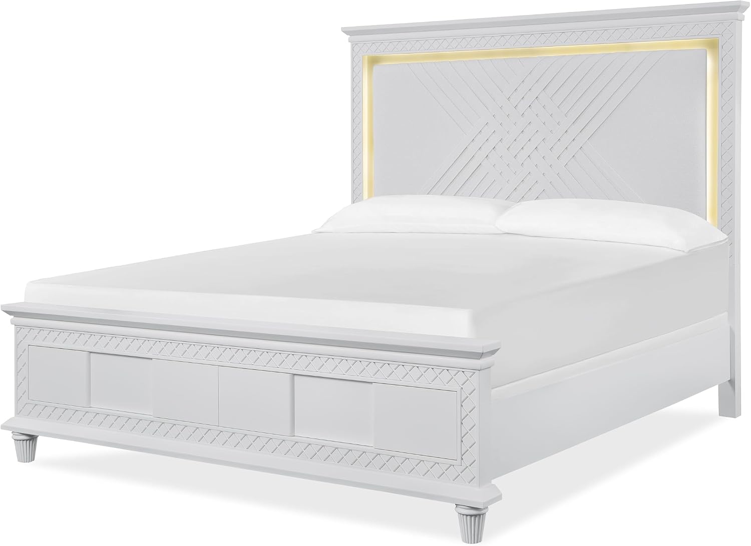 First of a Kind White and Gold 5 Piece Queen Bedroom Set with Illuminated Headboard, Luxury Wood Bedroom Furniture Collection with Coordinated Storage Pieces for Primary Or Guest Rooms