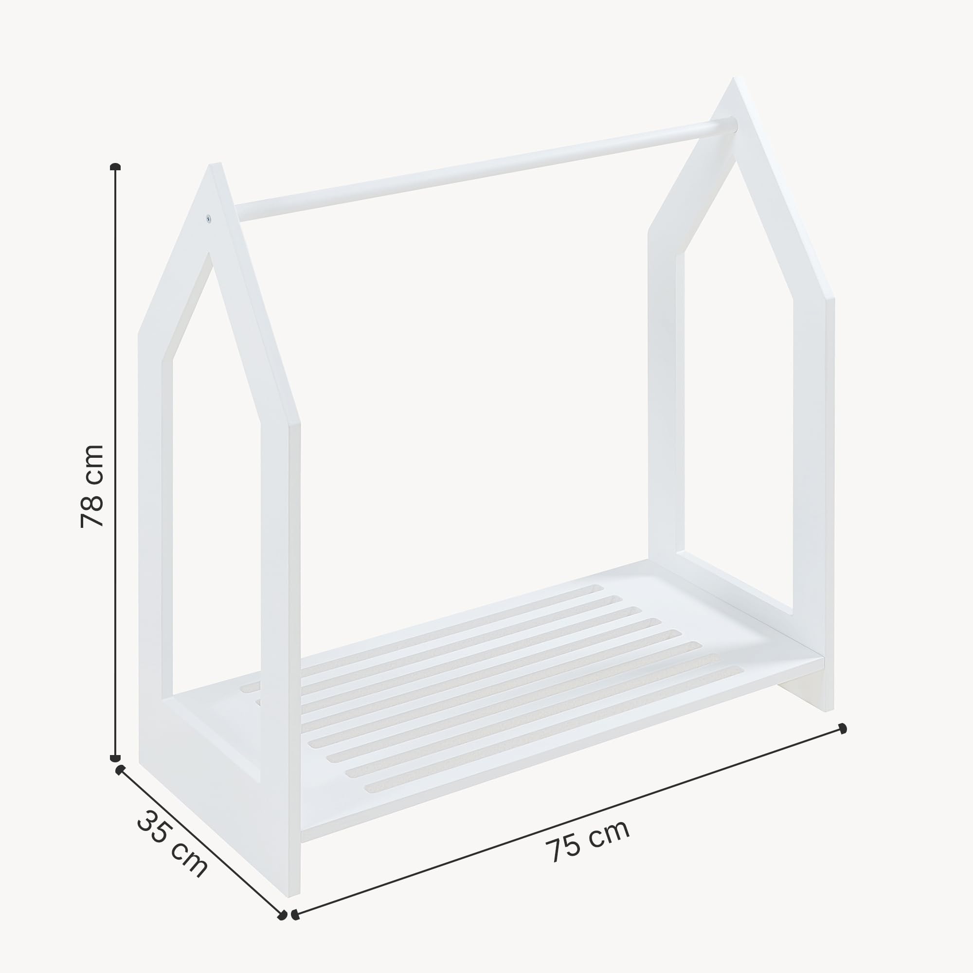 [en.casa] Stand Appendiabiti a Forma di Casetta Organizzatore Guardaroba per Cameretta con Barra e Piano di Appoggio Porta Abiti a Misura di Bimbi 78x75x35 cm Bianco