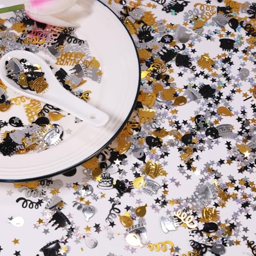 Image of Gold and Black Happy Birthday Confetti, 3000 Pcs Birthday Cake Table Metallic Foil Confetti Party Table Decor for Party, Baby Shower, DIY Arts and Crafting