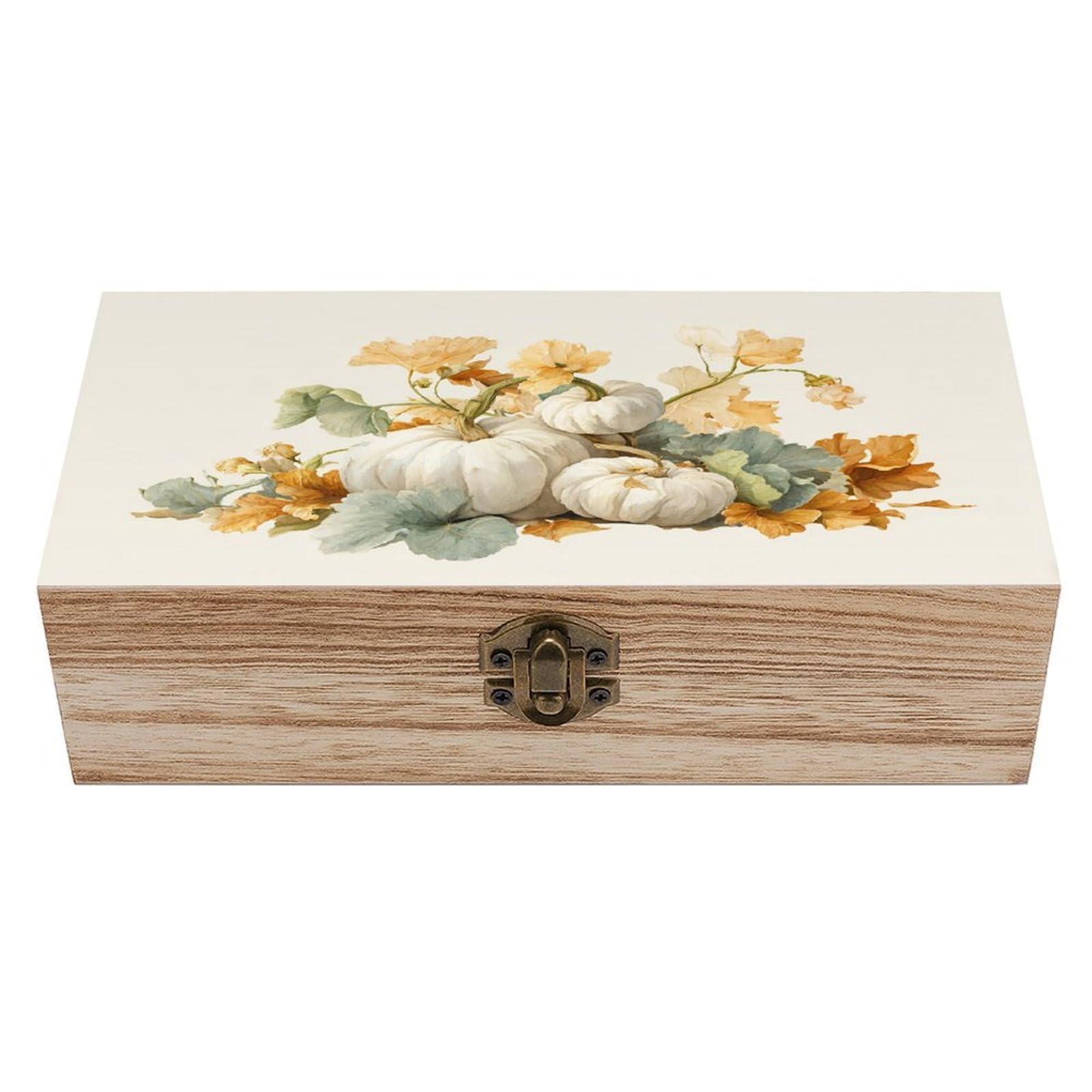 Watercolor White Pumpkins And Leaves Wooden Storage Box with Hinged Lid