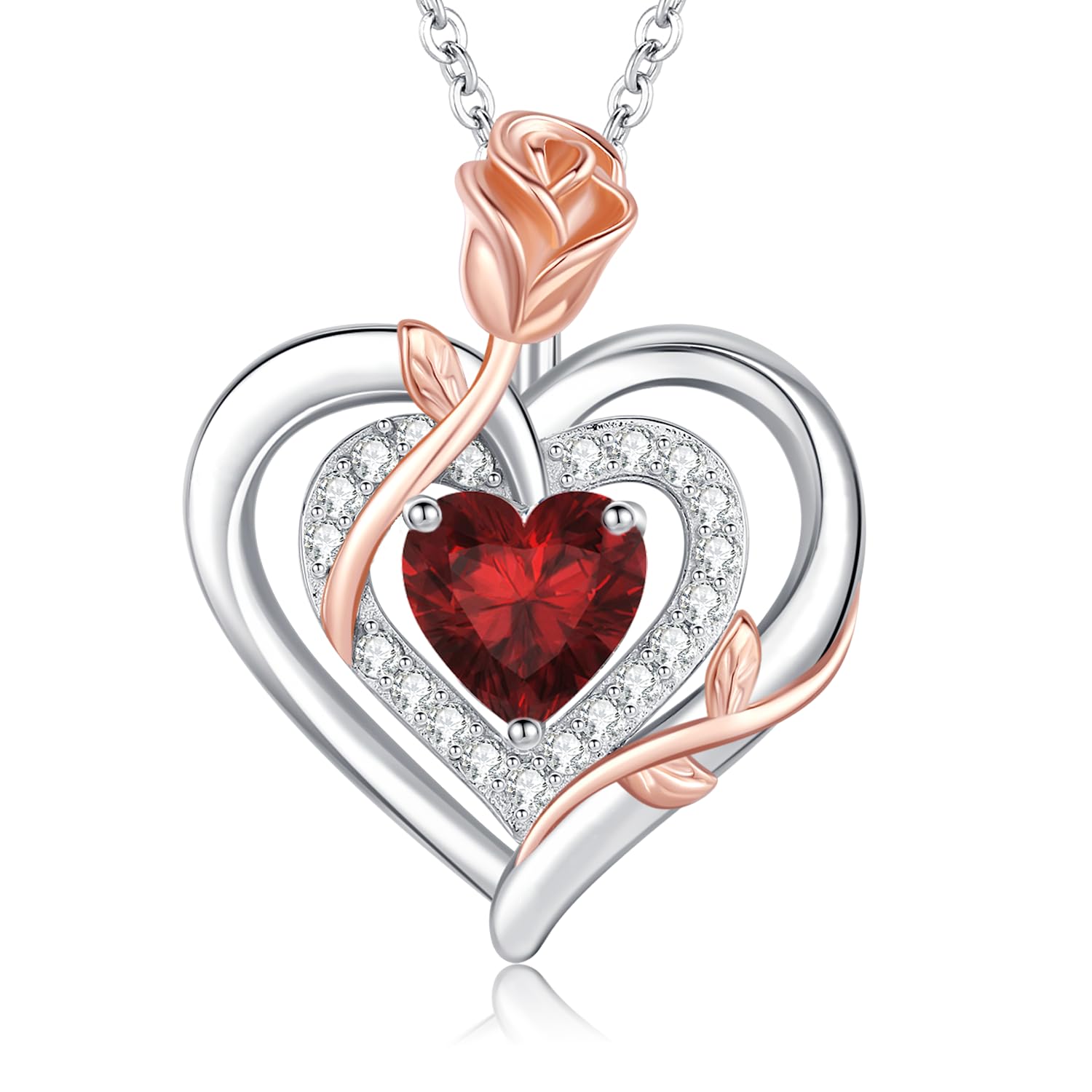 LAVUMO Collar Mujer Plata Doble Corazón Rosa Flor Colgante Regalo Mujeres