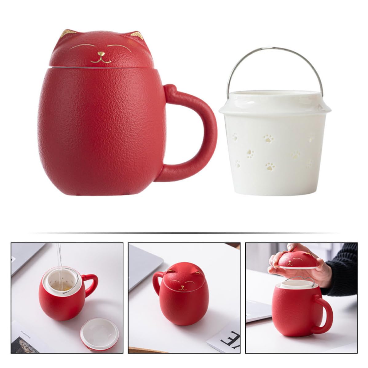 SOLUSTRE Keramik Kaffeebecher 400ml mit Deckel und Filter Katzenmotiv Tasse für Büro und Zuhause Rot Satz