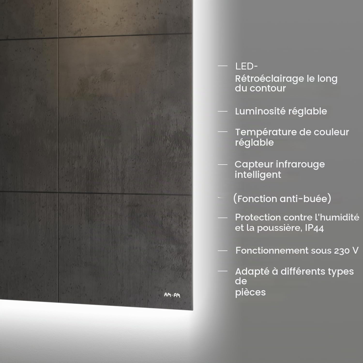 AM.PM Hit – Miroir Salle de Bain LED 100 x 70 cm | Miroir Mural Rectangulaire sans Cadre avec Éclairage | Lumineux Dimmable 3 Couleurs | Capteur sans Contact & Anti-Buée | Lumière Intégrée | Argenté