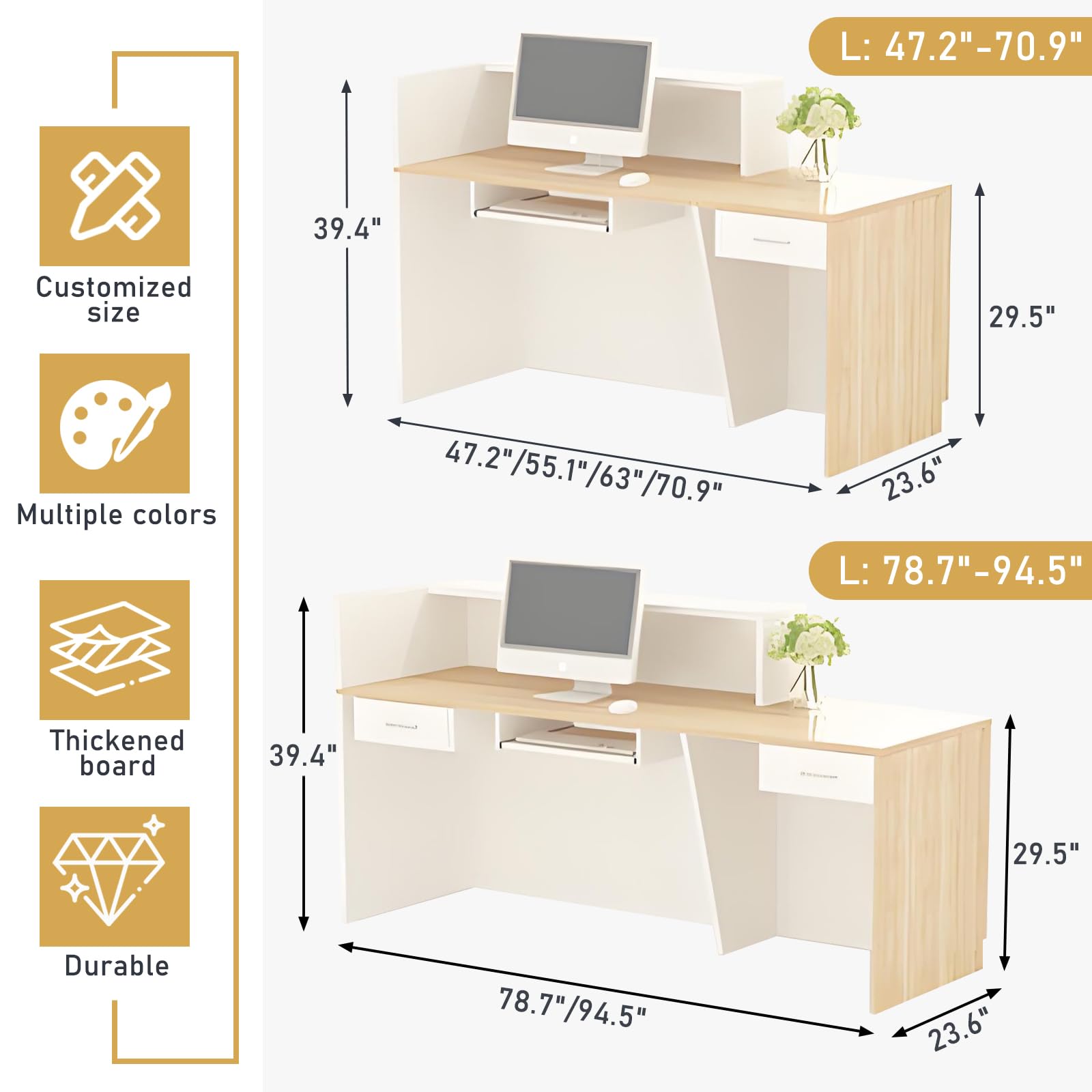 Empfangstheke Holz Modern mit Schublade und offenen Regalen, 100-180 cm für Salon Hotel Büro